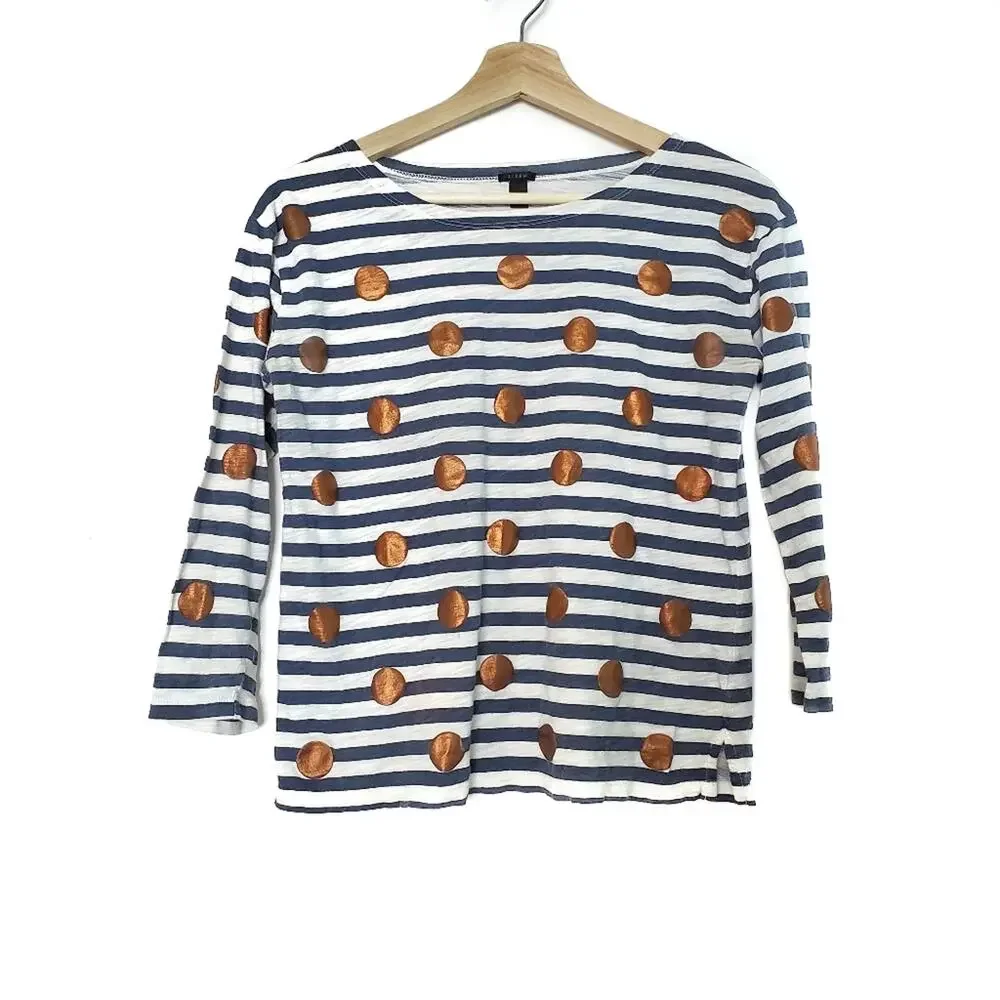 J Crew | Navy Striped Gold Dot 3/4 Sleeve Tee